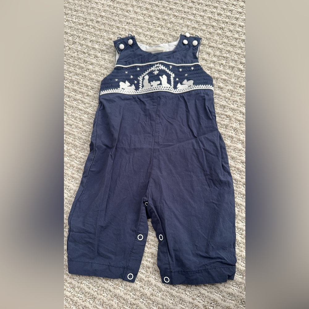 Charming Navy Blue Kids Romper with White Nativity scene smocking